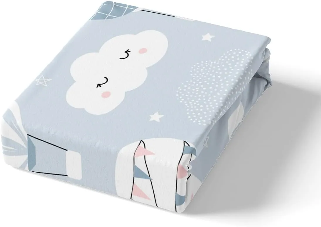 Hot Air Balloon Kids Fitted Sheet Twin Size,Cartoon Cloud Starry Sky Bedding Set,Girls Boys Adults Bedroom Decor,Cute Hand Painted Fashion Bed Cover,Grey Blue Bed Sheet,1 Pillowcase