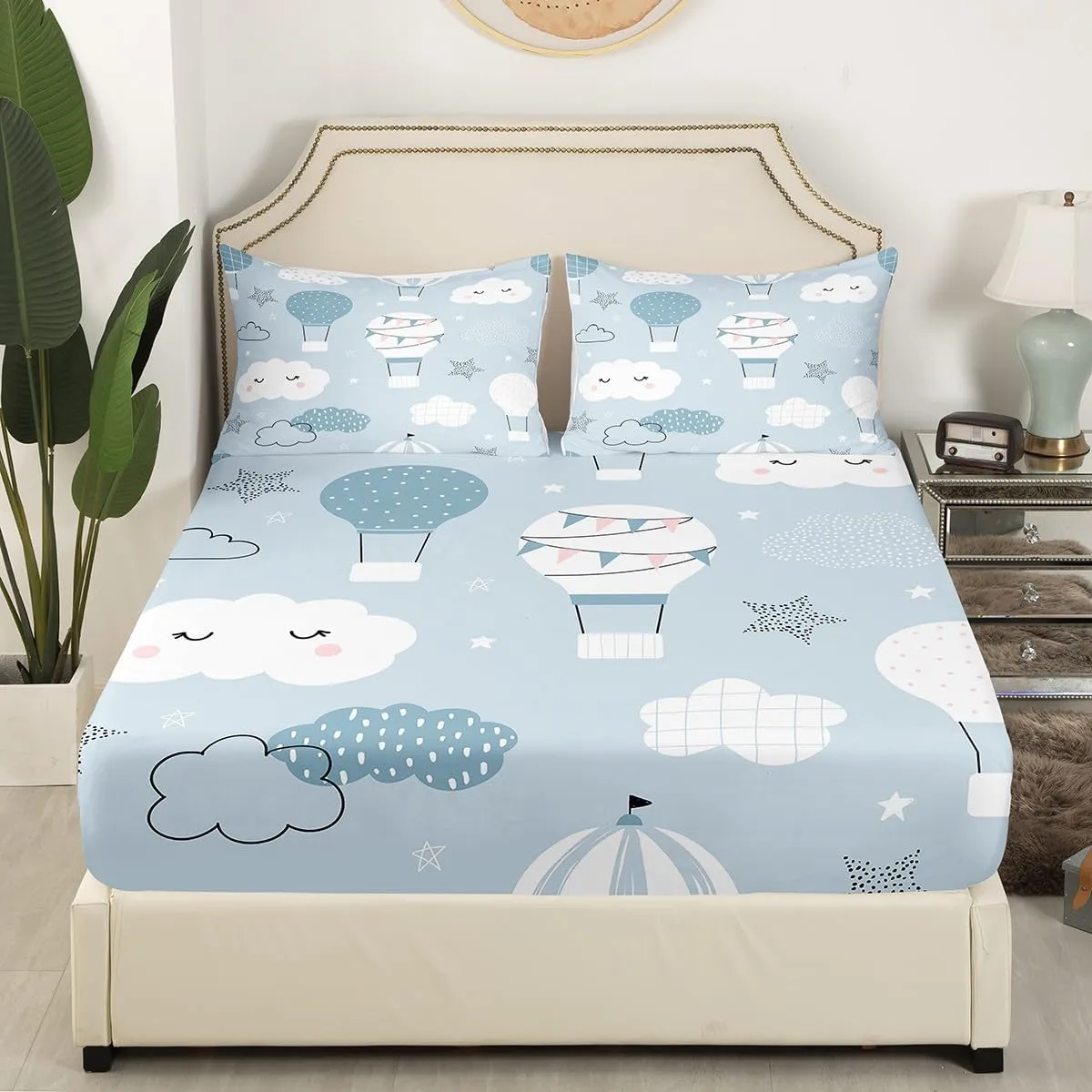 Hot Air Balloon Kids Fitted Sheet Twin Size,Cartoon Cloud Starry Sky Bedding Set,Girls Boys Adults Bedroom Decor,Cute Hand Painted Fashion Bed Cover,Grey Blue Bed Sheet,1 Pillowcase