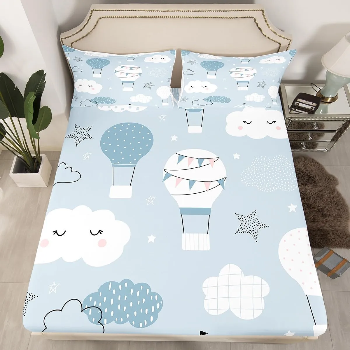 Hot Air Balloon Kids Fitted Sheet Twin Size,Cartoon Cloud Starry Sky Bedding Set,Girls Boys Adults Bedroom Decor,Cute Hand Painted Fashion Bed Cover,Grey Blue Bed Sheet,1 Pillowcase