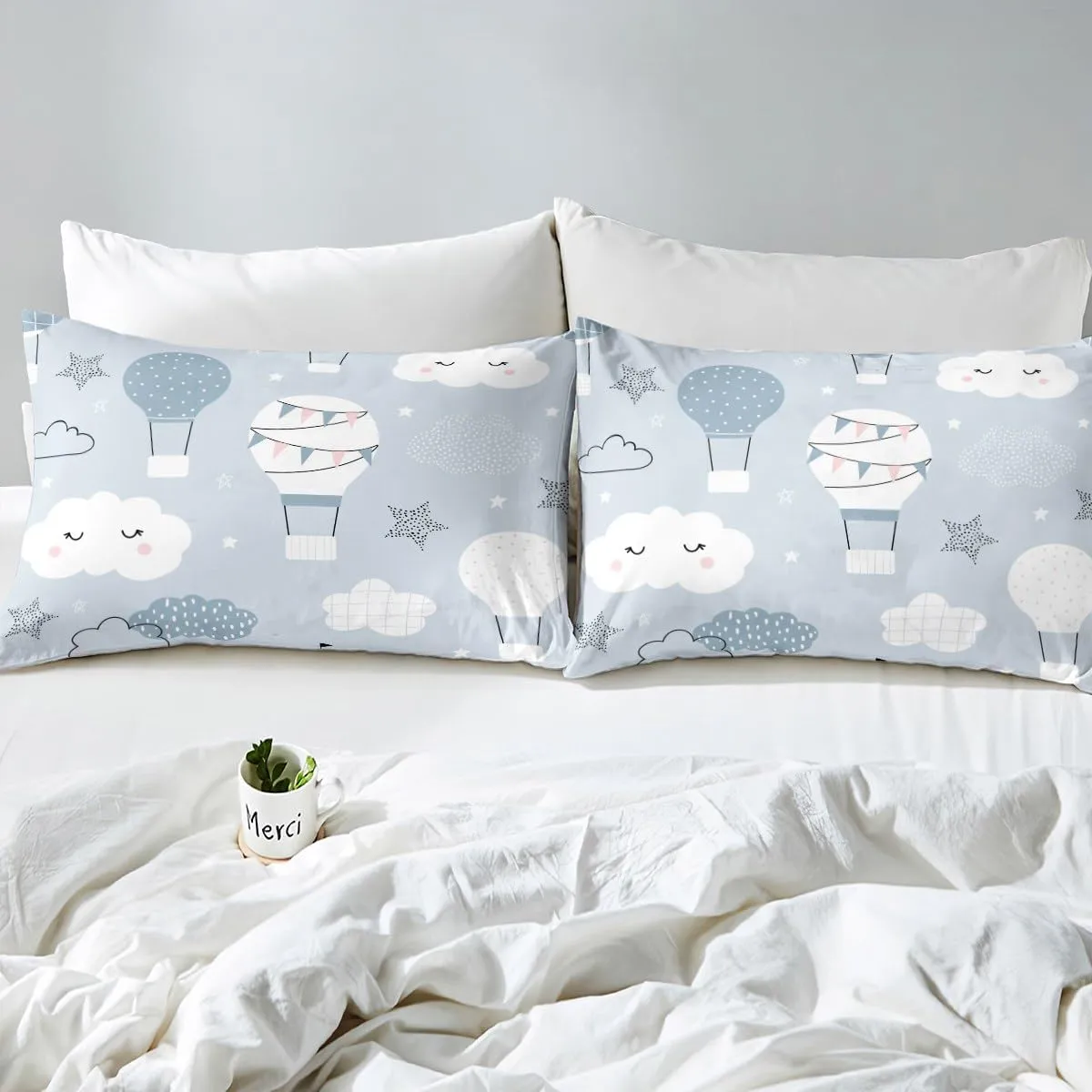 Hot Air Balloon Kids Fitted Sheet Twin Size,Cartoon Cloud Starry Sky Bedding Set,Girls Boys Adults Bedroom Decor,Cute Hand Painted Fashion Bed Cover,Grey Blue Bed Sheet,1 Pillowcase