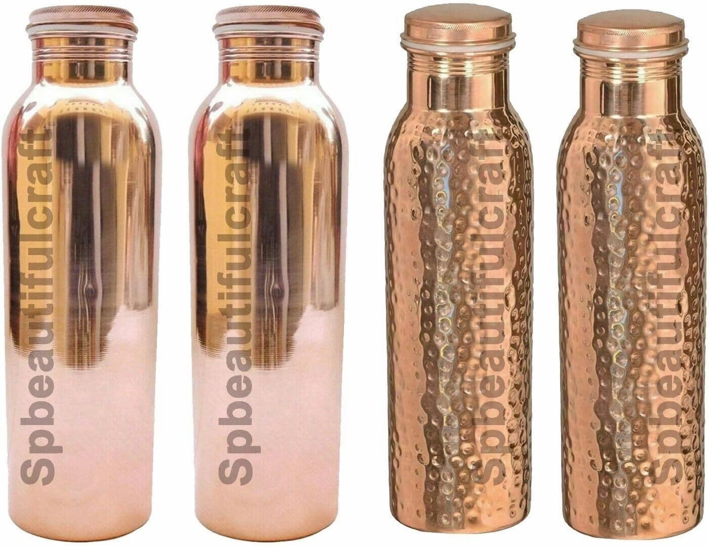 HRS India Pure Copper Water Bottle 2 Hammered 2 Plain Smooth Combo Water Drinking Vacuum Flasks Pitcher Tumbler Ayurveda Health Benefits, Set Of 4