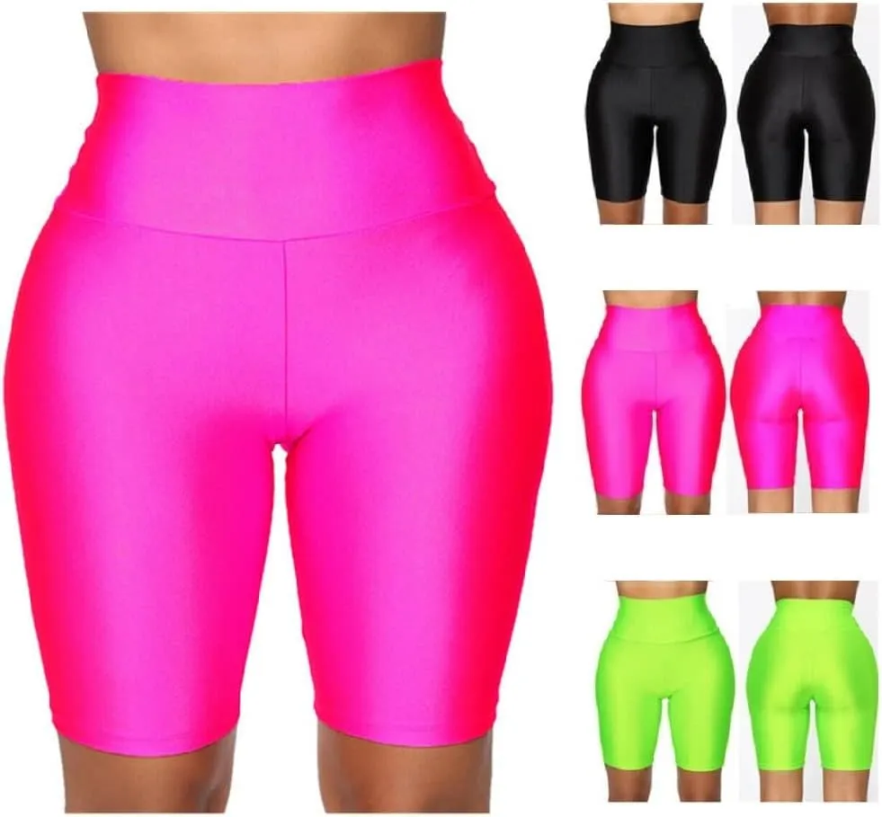 Hupplle Women's Neon Shiny Biker Shorts High Waisted Stretchy Athletic Cycling Shorts Workout Running Active Shorts