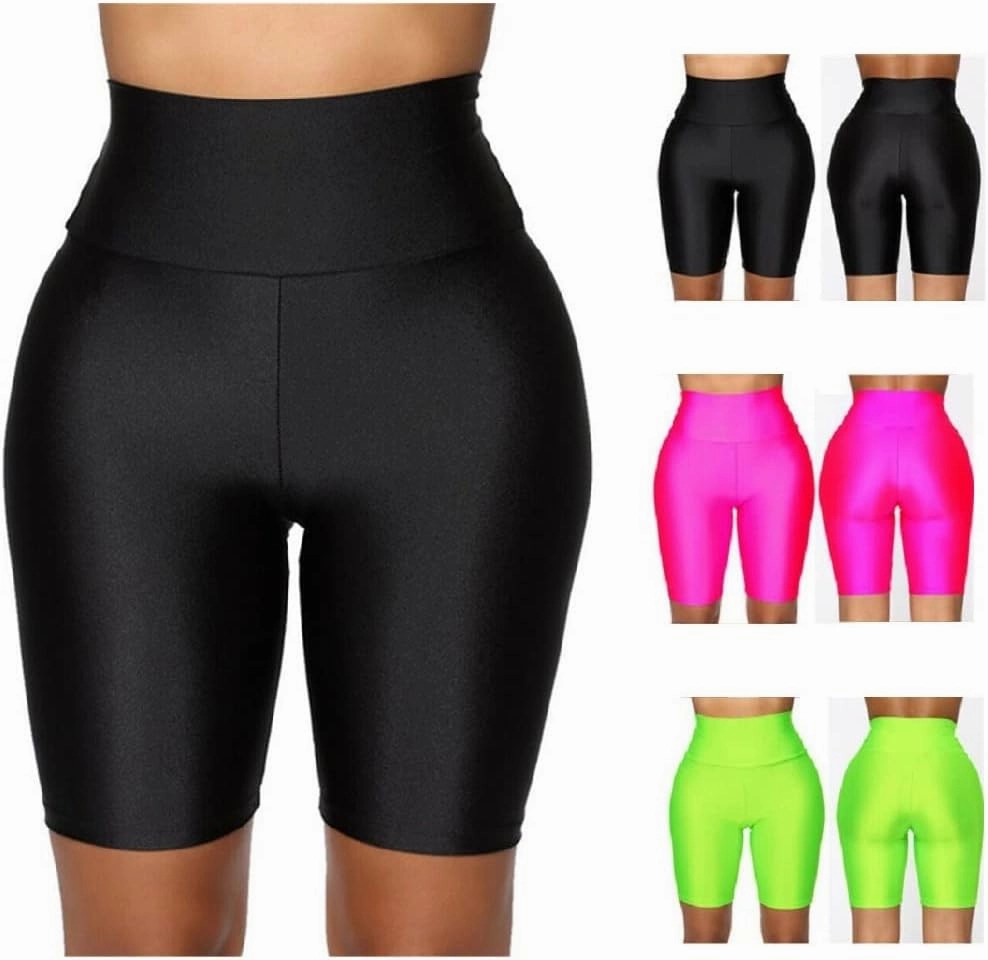 Hupplle Women's Neon Shiny Biker Shorts High Waisted Stretchy Athletic Cycling Shorts Workout Running Active Shorts