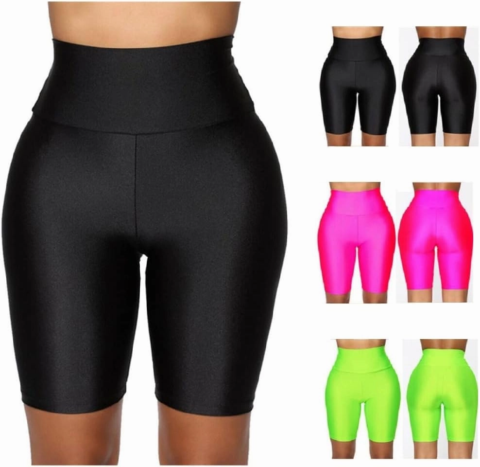 Hupplle Women's Neon Shiny Biker Shorts High Waisted Stretchy Athletic Cycling Workout Running Active Shorts