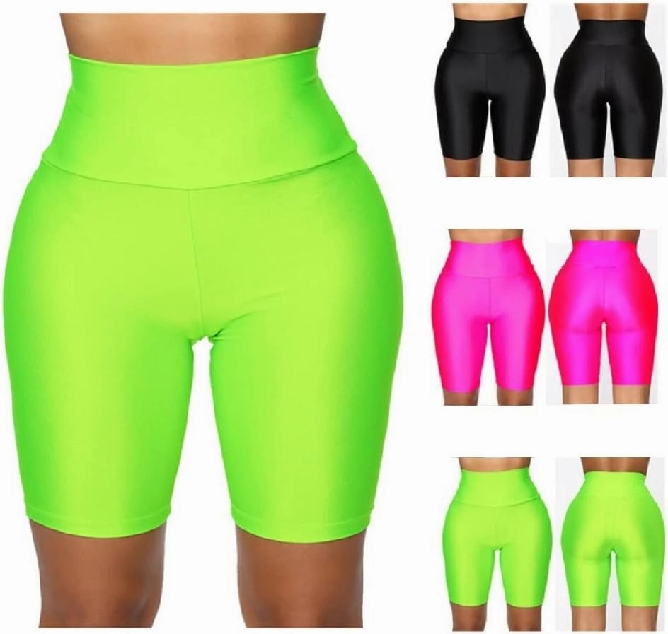 Hupplle Women's Neon Shiny Biker Shorts High Waisted Stretchy Athletic Cycling Workout Running Active Shorts