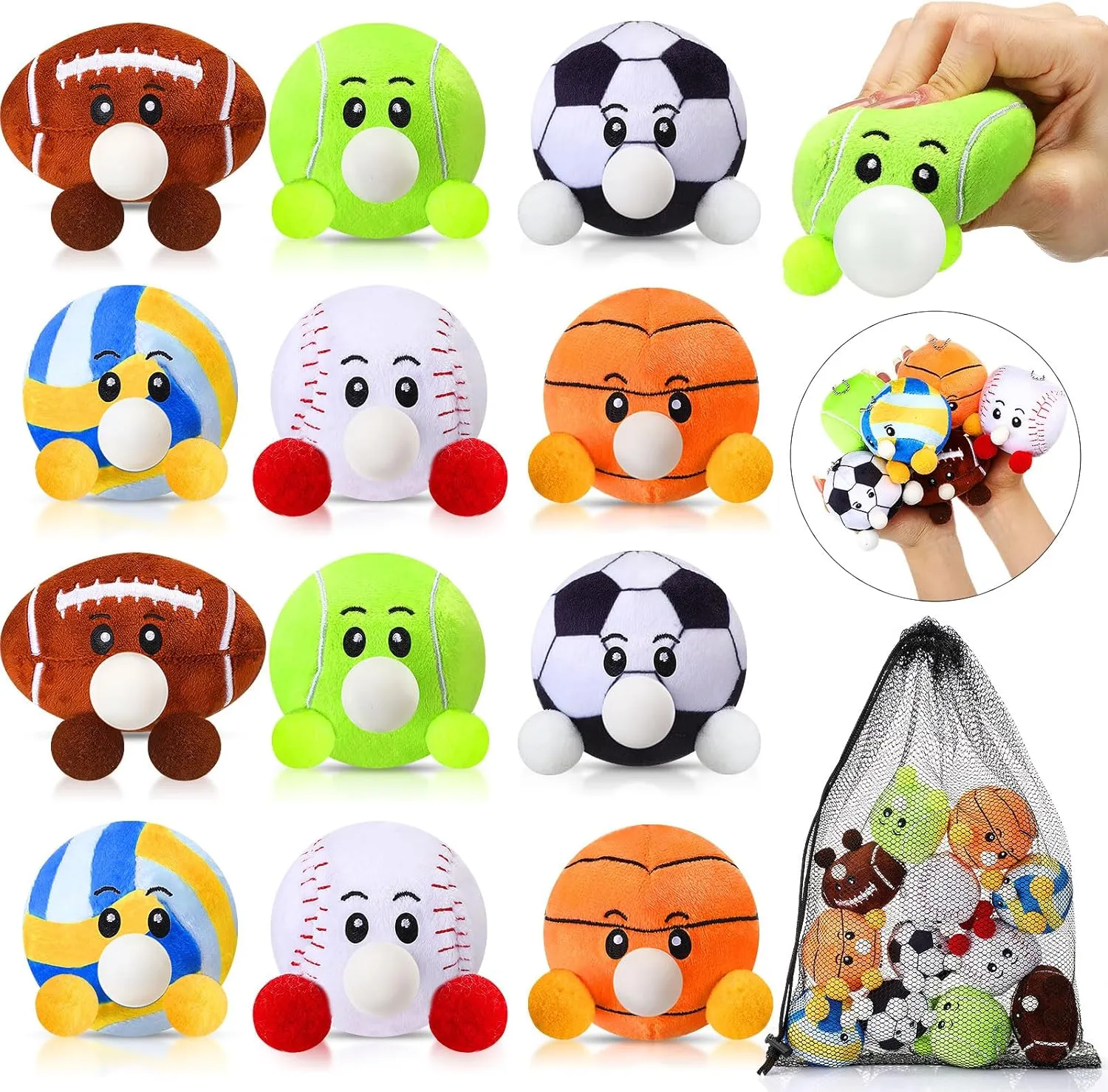 HyDren12 Pcs Sports Party Favors Mini Stress Balls for Adult Kids, 3.15 Inch Plush Baseball Sensory Squeeze Basketball Soccer Football Toy Gift for Stress Anxiety Relief, Themed Birthday Party Favor