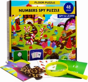 I Spy Number Puzzle with Flashcards and Magnifying Glass 48 Piece Candy Land Jumbo Floor Puzzle for Kids Ages 3 to 5 Preschool and Kindergarten Number Puzzle for Toddlers