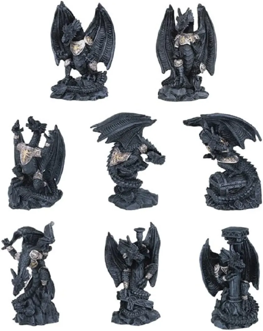 ICE ARMOR 8-PC Medieval Mini Black Dragons 3" H Figurine Set - Exquisitely Detailed Mythical Dragon Figurine Sculpture, Hand Painted Collectible Statue for Fantasy Enthusiasts