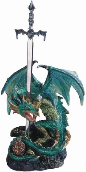 ICE ARMOR 8" H Medieval Green/Blue Dragon with Sword Statue Figurine - Exquisitely Detailed Mythical Dragon Figurine Sculpture, Hand Painted Collectible Statue for Fantasy Enthusiasts