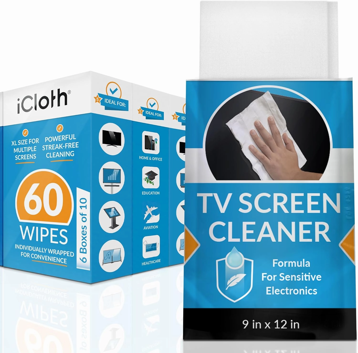 iCloth XL Screen Cleaning Wipes, Lint-Free and Streak-Free, Fast-Drying, Removes Dust, Fingerprints, and Smudges (60 XL Wipes)