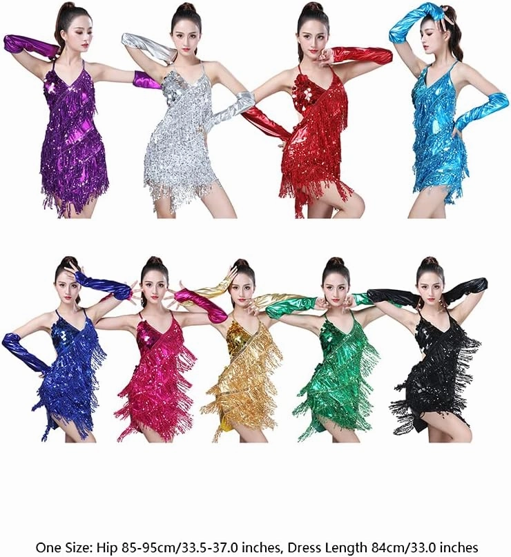 IDOPIP Women Sequins Tassel Latin Dance Dress 1920s Fringe Flapper Cocktail Party Dresses Ballroom Dancing Outfit with Gloves