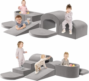 Indoor Toddler Climbing Toys with Foam Ball Pit, 7-Piece Foam Climbing Blocks for Toddlers, Inside Crawling & Sliding Soft Play Set for Toddlers