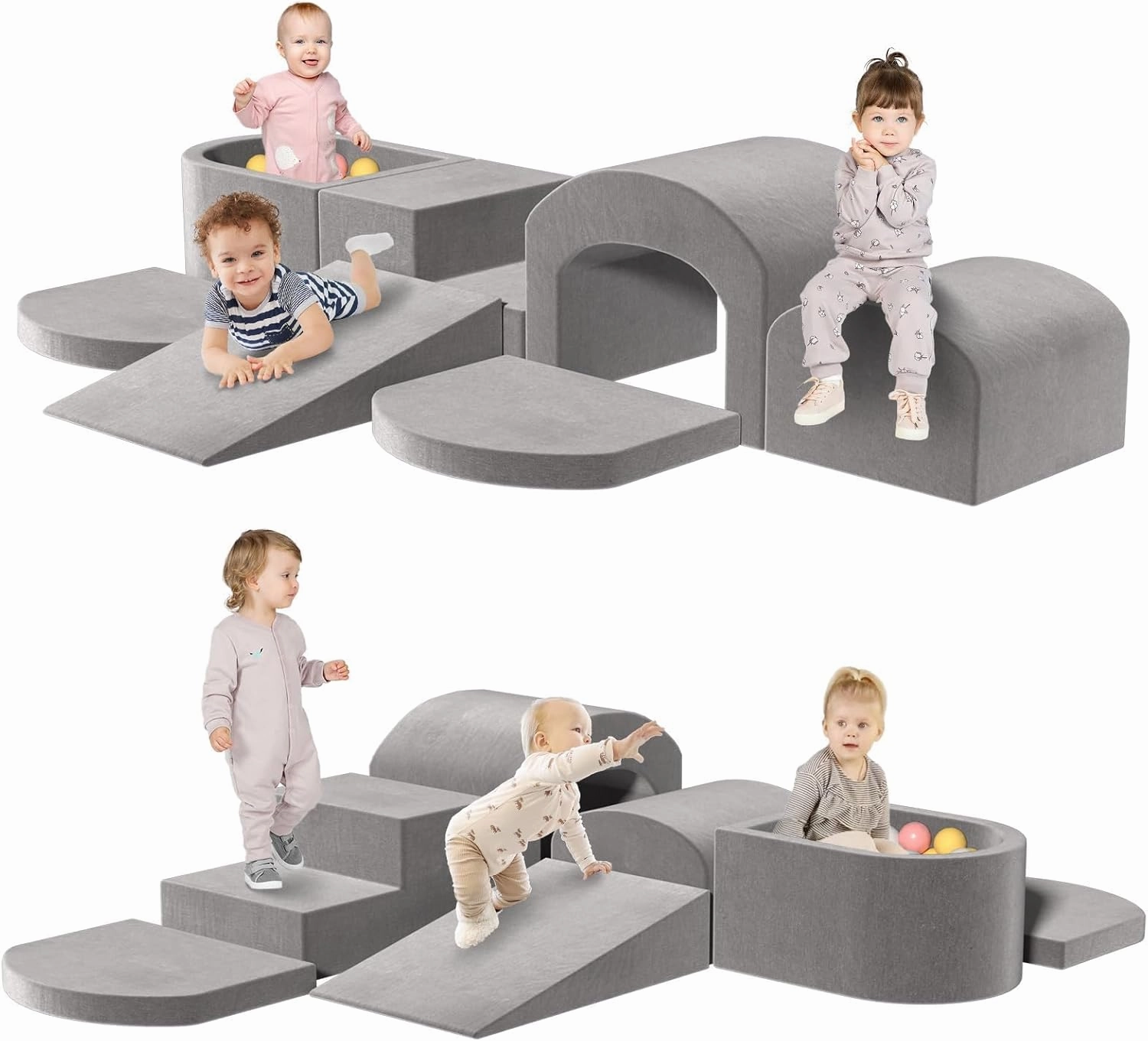 Indoor Toddler Climbing Toys with Foam Ball Pit, 7-Piece Foam Climbing Blocks for Toddlers, Inside Crawling & Sliding Soft Play Set for Toddlers
