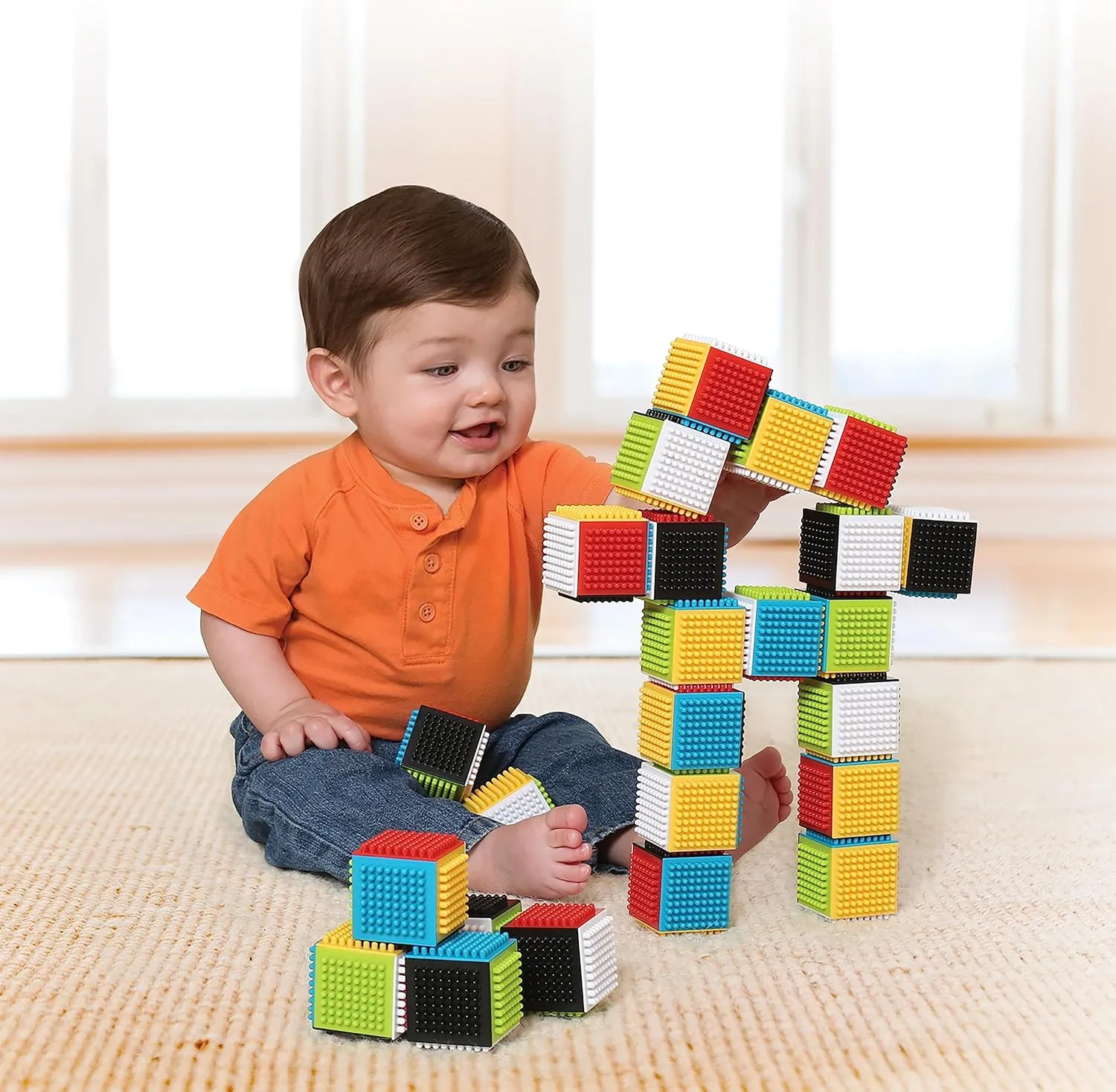 Infantino Ball Tower & Sensory Blocks Set - Educational Baby Toys, Hand-Eye Skills, Cause & Effect, Easy Grip Building Blocks