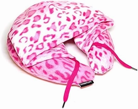 Inflatable Neck Pillow for Airplane Travel, Car, Train or Relaxing at Home. Compact, Comfortable for Your Neck and Includes Privacy Hood - (Pink Leopard Fleece)