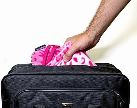 Inflatable Neck Pillow for Airplane Travel, Car, Train or Relaxing at Home. Compact, Comfortable for Your Neck and Includes Privacy Hood - (Pink Leopard Fleece)
