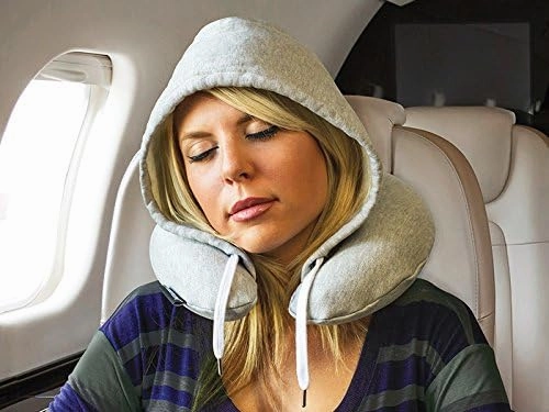 Inflatable Neck Pillow for Airplane Travel, Car, Train or Relaxing at Home. Compact, Comfortable for Your Neck and Includes Privacy Hood - (Pink Leopard Fleece)