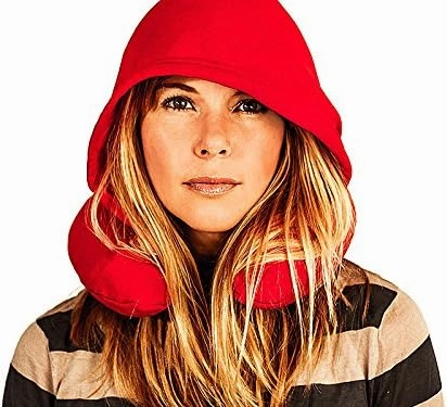 Inflatable Neck Pillow for Airplane Travel, Car, Train or Relaxing at Home. Compact, Comfortable for Your Neck and Includes Privacy Hood - (Pink Leopard Fleece)