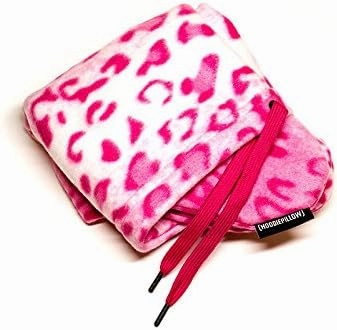 Inflatable Neck Pillow for Airplane Travel, Car, Train or Relaxing at Home. Compact, Comfortable for Your Neck and Includes Privacy Hood - (Pink Leopard Fleece)