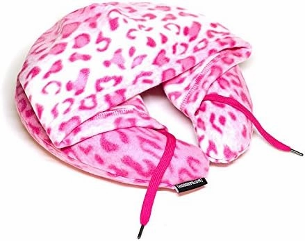 Inflatable Neck Pillow for Airplane Travel, Car, Train or Relaxing at Home. Compact, Comfortable for Your Neck and Includes Privacy Hood - (Pink Leopard Fleece)