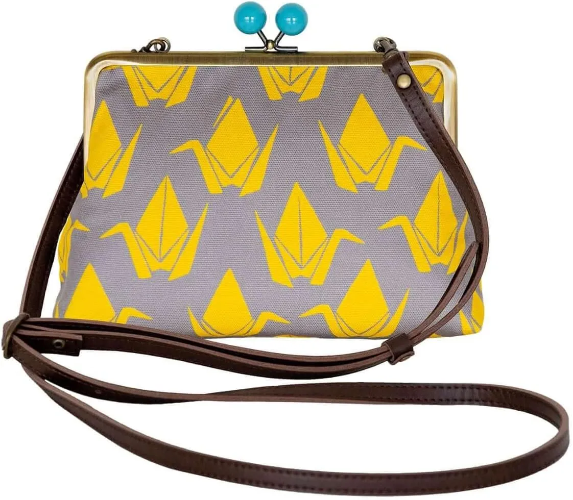 inokichi 6-Inch Gamaguchi Pochette, Japanese Pattern, Japanese Modern, Purse Pochette Cowhide Shoulder Bag, Kyoto Made in Japan, Traditional Pattern Origami Crane, Orizuru - Lemon Grey,