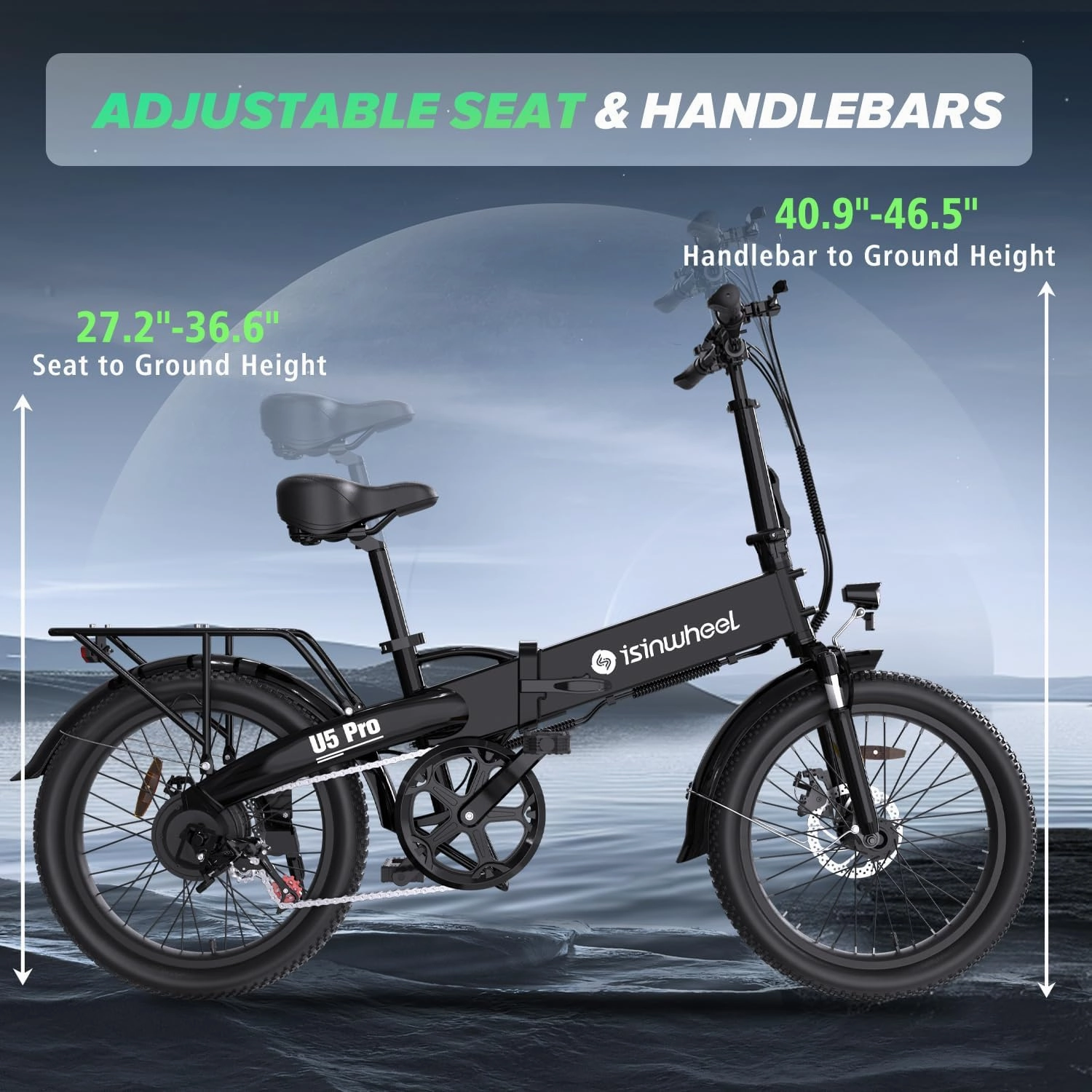 isinwheel U5 Pro Folding Electric Bike for Adults,Peak 800W Brushless Motor,20MPH Up to 50 Miles, 2-3H Fast Charge, 20" Fat Tire Ebike, 7 Speed Gear,Front Fork Suspension for Leisure Riding&Commuting