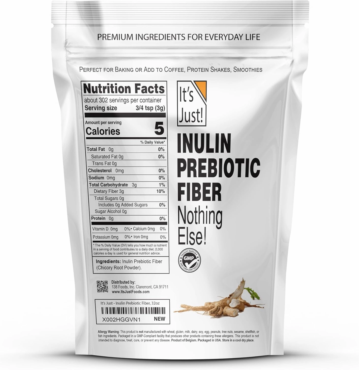 It's Just! - Inulin Prebiotic Fiber, Water Soluble, Chicory Root Powder, Promotes Gut Health, Made in USA, Proudct of Belgium, Vegan/Keto Friendly