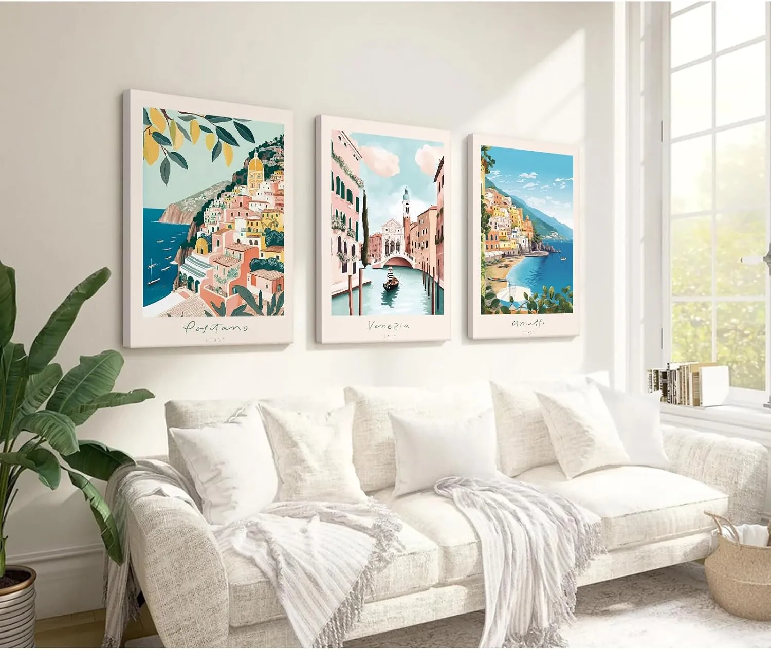Italy Amalfi Coast Wall Art Italian City Canvas Wall Decor Italy Travel Landscape Wall Art Posters Blue Venice Beach Painting Pictures Italian Modern Artwork for Home 12x16 Inch Framed Set of 3
