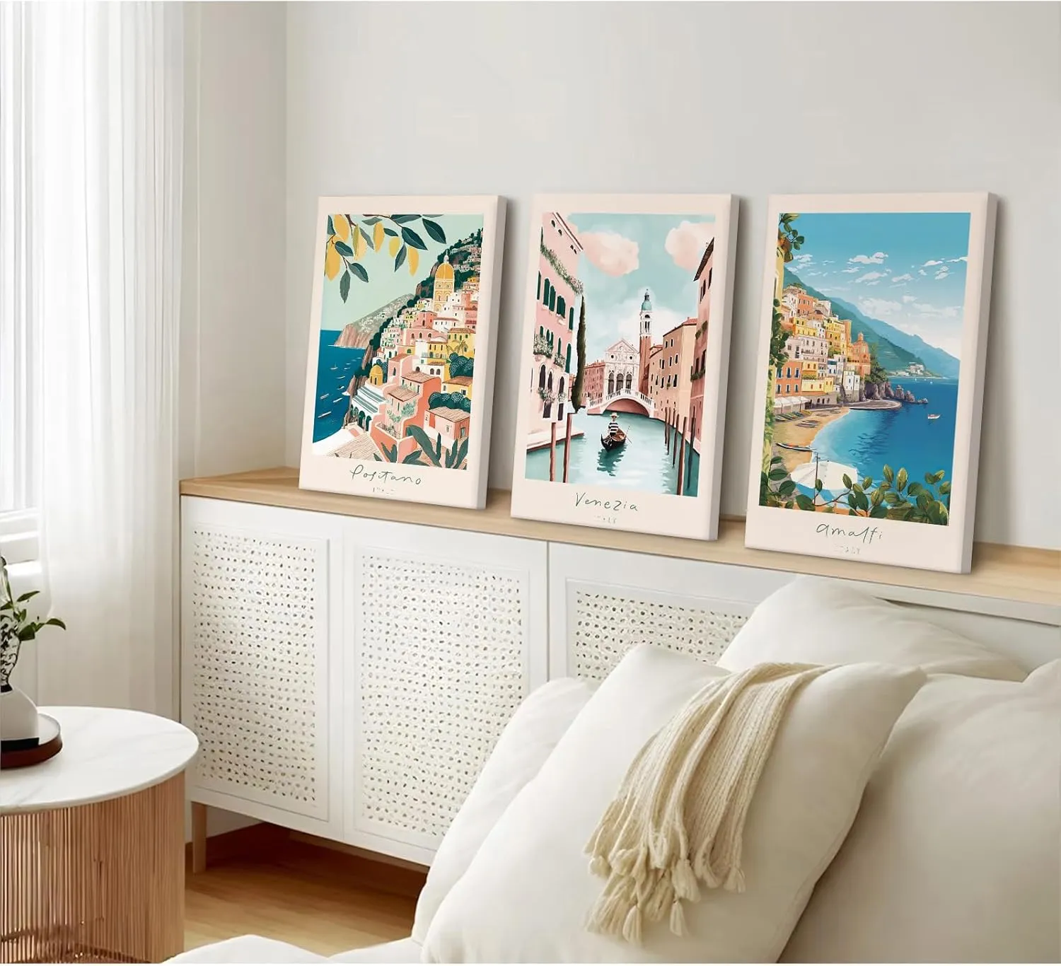 Italy Amalfi Coast Wall Art Italian City Canvas Wall Decor Italy Travel Landscape Wall Art Posters Blue Venice Beach Painting Pictures Italian Modern Artwork for Home 12x16 Inch Framed Set of 3