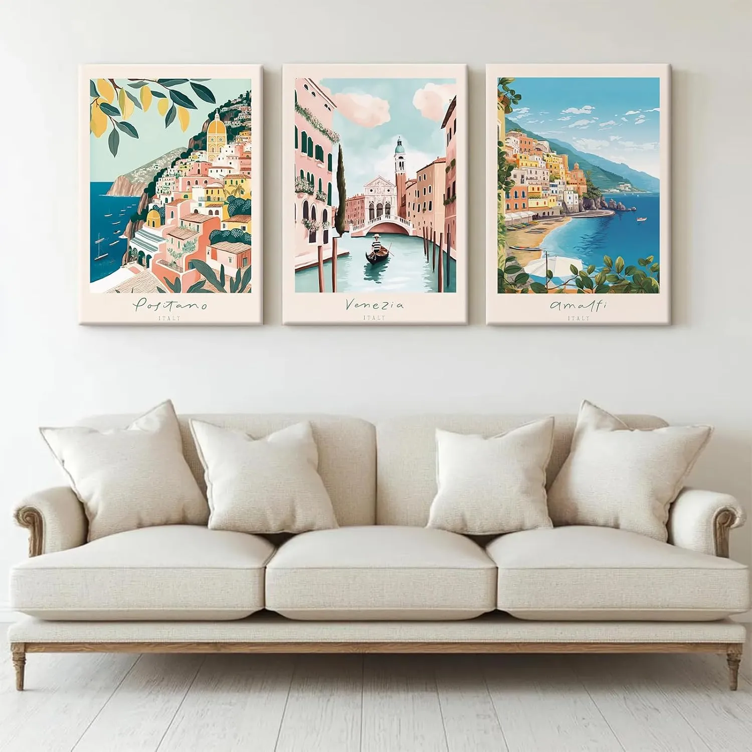 Italy Amalfi Coast Wall Art Italian City Canvas Wall Decor Italy Travel Landscape Wall Art Posters Blue Venice Beach Painting Pictures Italian Modern Artwork for Home 12x16 Inch Framed Set of 3