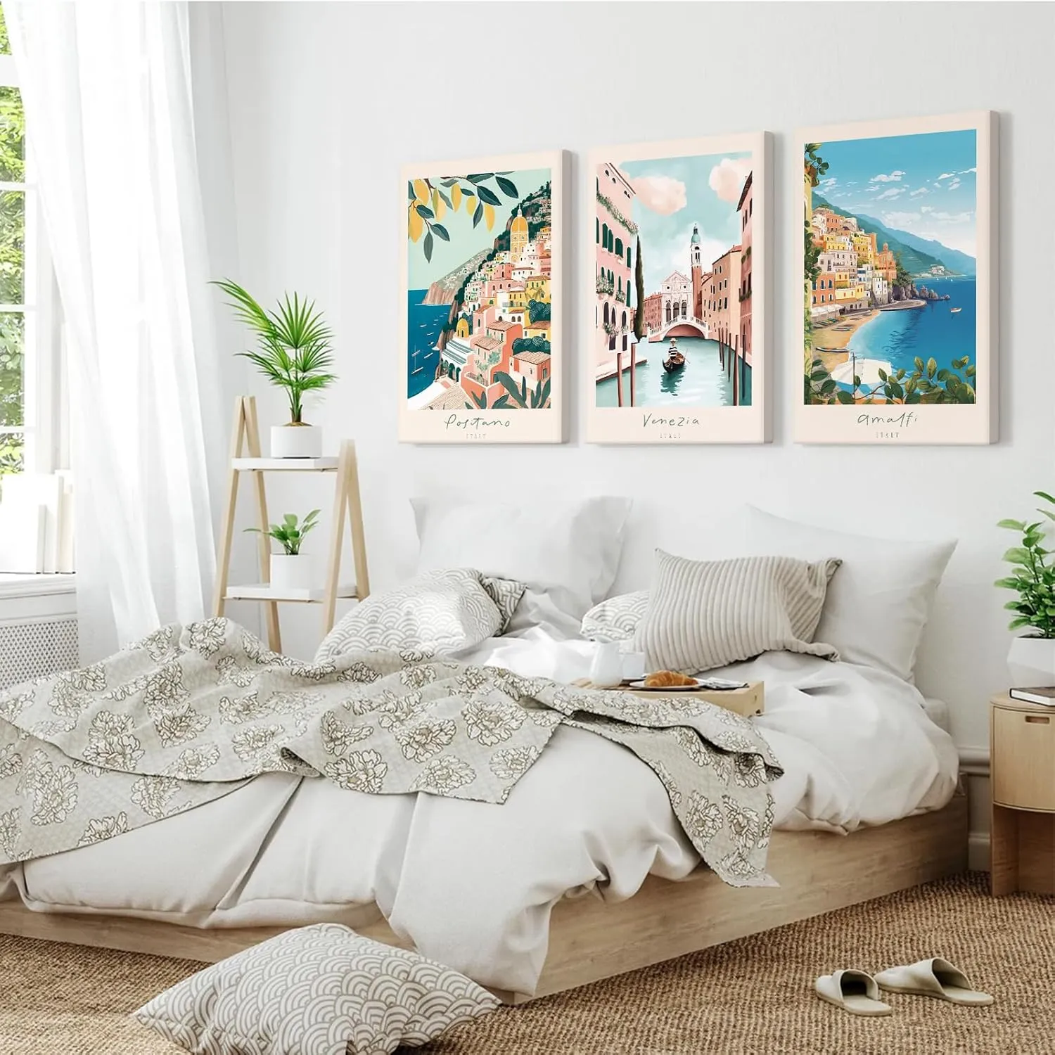 Italy Amalfi Coast Wall Art Italian City Canvas Wall Decor Italy Travel Landscape Wall Art Posters Blue Venice Beach Painting Pictures Italian Modern Artwork for Home 12x16 Inch Framed Set of 3