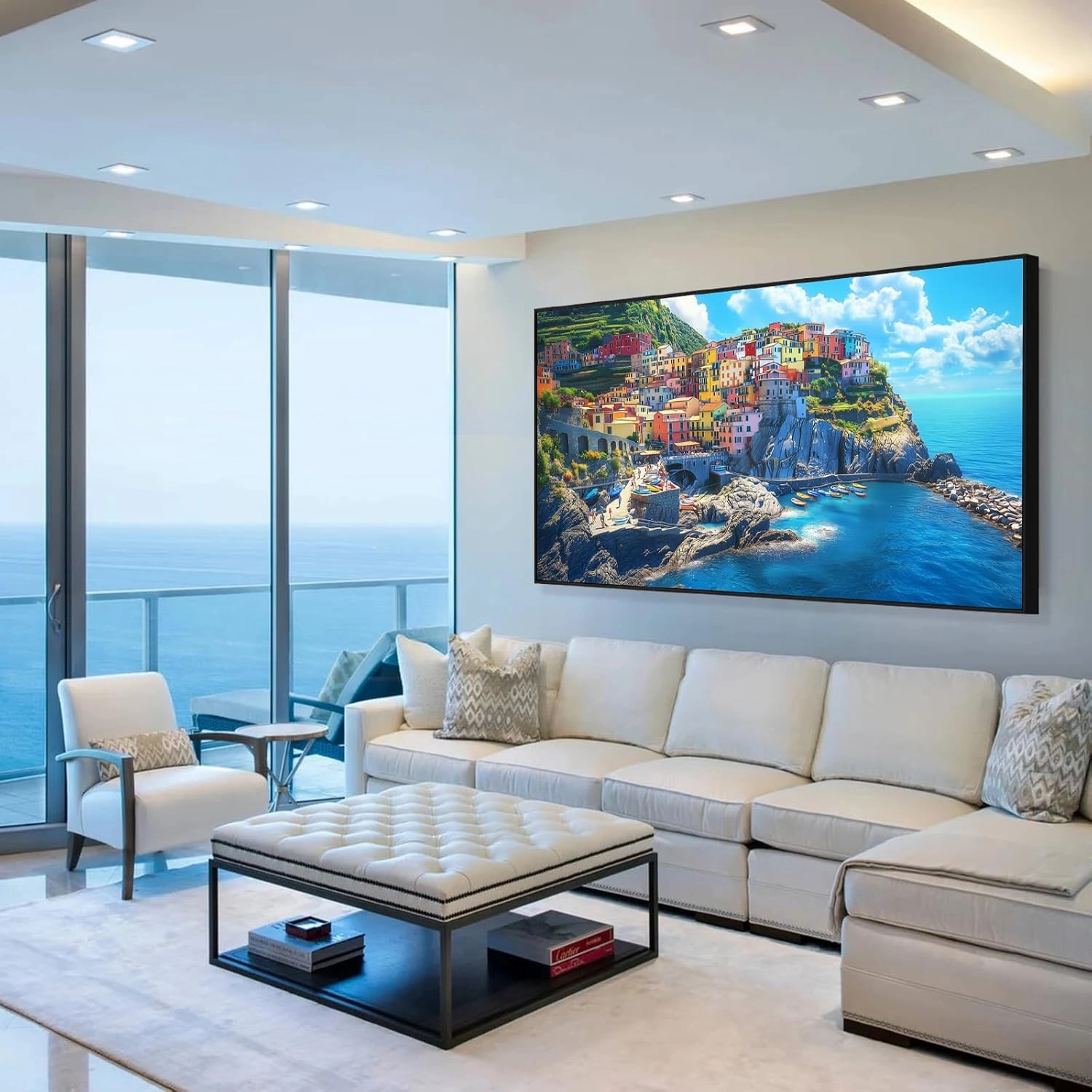 Italy Manarola Cinque Terre Wall Art, Manarola Sea Mediterranean Wall Art, Amalfi Coast Wall Art, Liguria Houses Paintings Wall Decor, Coast landscape Pictures Wall Art (Black Framed, 48"Wx27"H/122x68cm)