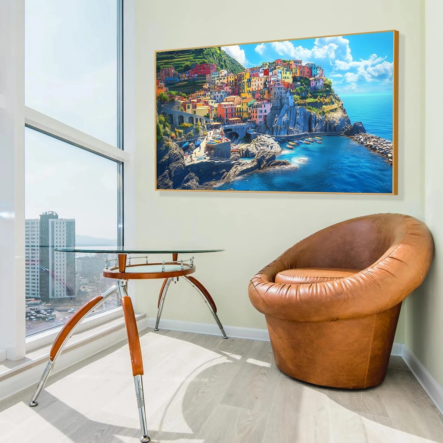 Italy Manarola Cinque Terre Wall Art, Manarola Sea Mediterranean Wall Art, Amalfi Coast Wall Art, Liguria Houses Paintings Wall Decor, Coast landscape Pictures Wall Art (Black Framed, 48"Wx27"H/122x68cm)