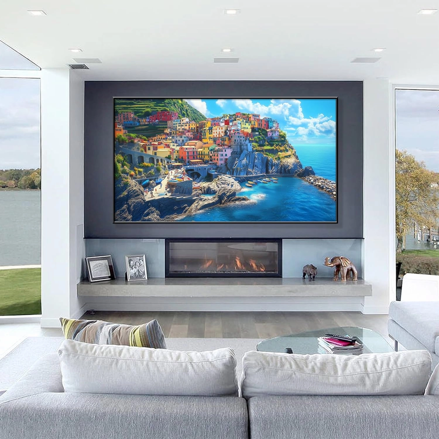 Italy Manarola Cinque Terre Wall Art, Manarola Sea Mediterranean Wall Art, Amalfi Coast Wall Art, Liguria Houses Paintings Wall Decor, Coast landscape Pictures Wall Art (Black Framed, 48"Wx27"H/122x68cm)