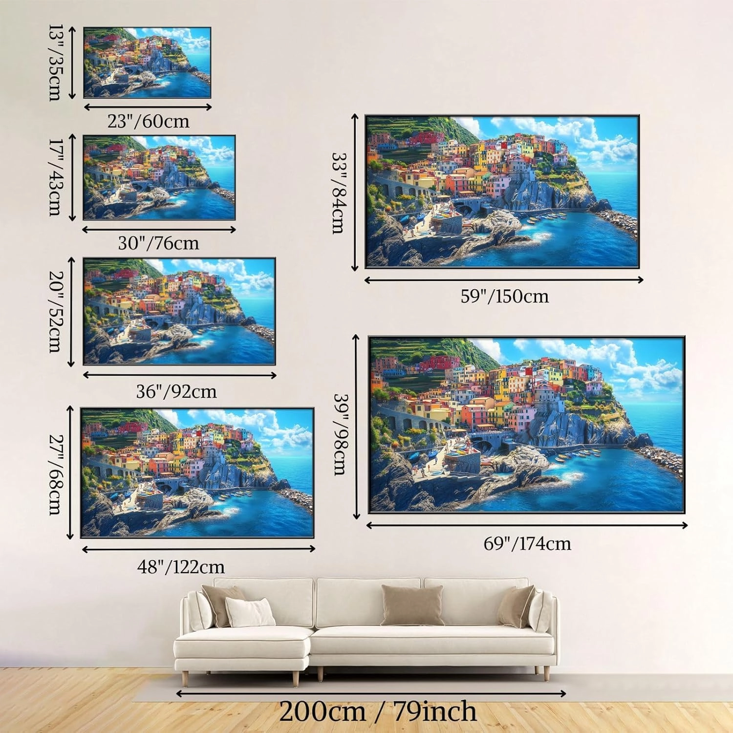 Italy Manarola Cinque Terre Wall Art, Manarola Sea Mediterranean Wall Art, Amalfi Coast Wall Art, Liguria Houses Paintings Wall Decor, Coast landscape Pictures Wall Art (Black Framed, 48"Wx27"H/122x68cm)