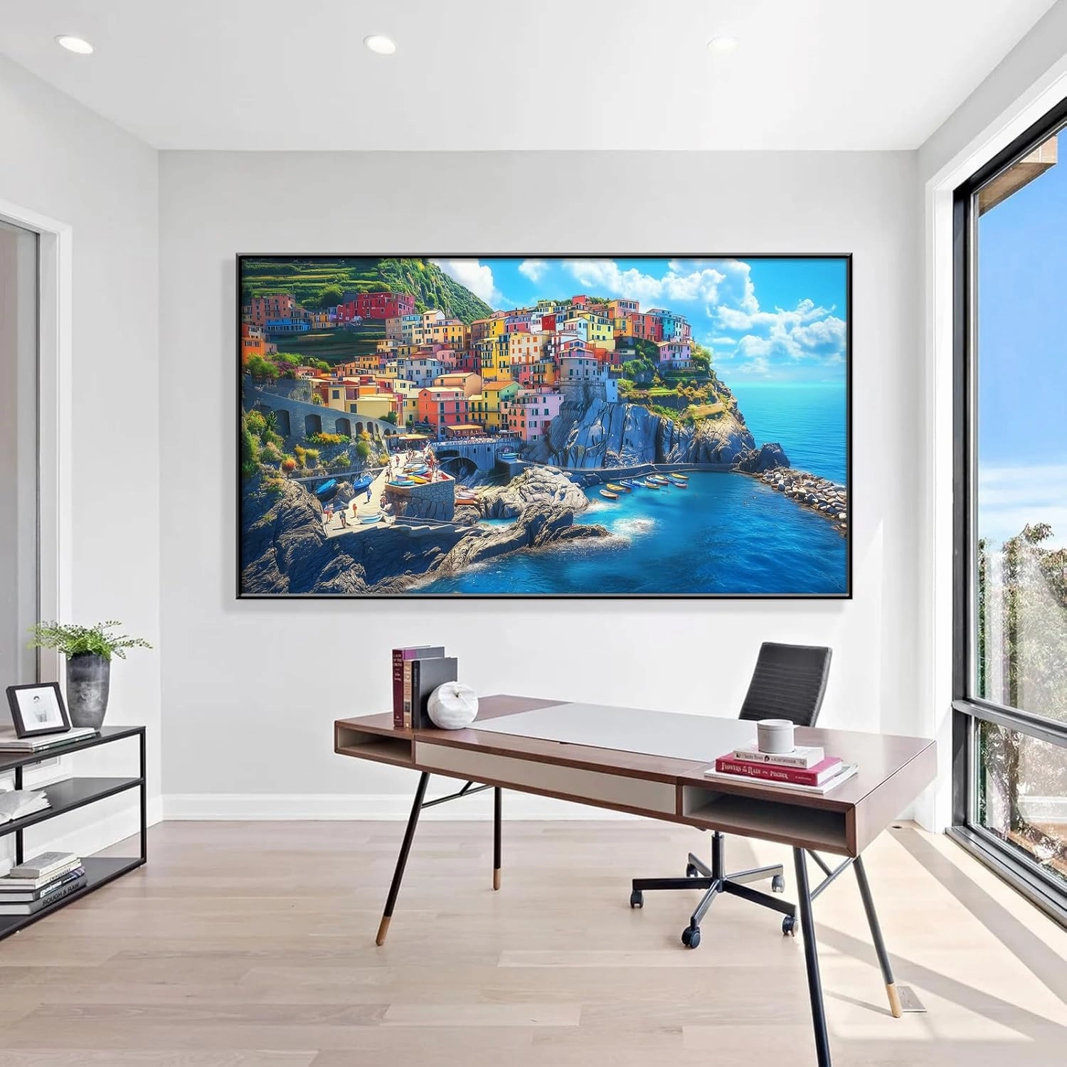 Italy Manarola Cinque Terre Wall Art, Manarola Sea Mediterranean Wall Art, Amalfi Coast Wall Art, Liguria Houses Paintings Wall Decor, Coast landscape Pictures Wall Art (Black Framed, 48"Wx27"H/122x68cm)