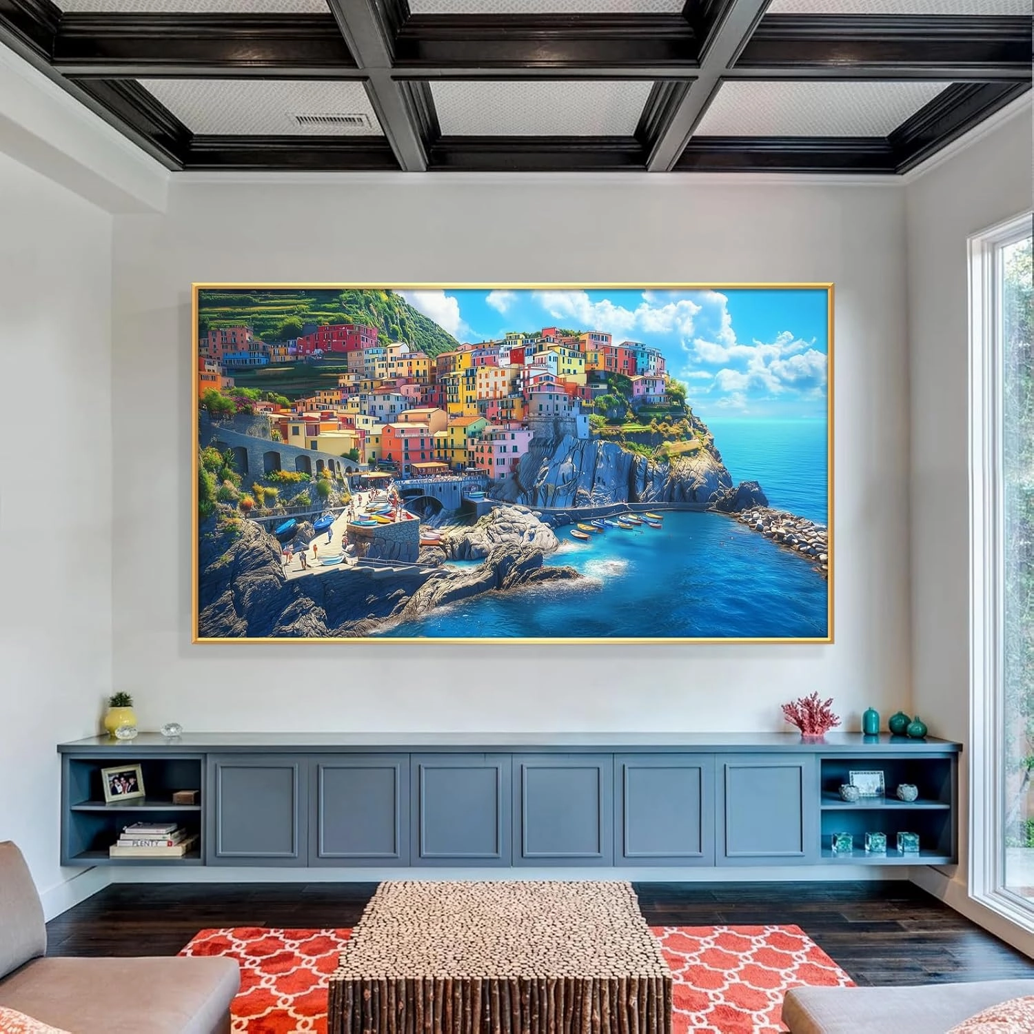 Italy Manarola Cinque Terre Wall Art, Manarola Sea Mediterranean Wall Art, Amalfi Coast Wall Art, Liguria Houses Paintings Wall Decor, Coast landscape Pictures Wall Art (Black Framed, 48"Wx27"H/122x68cm)