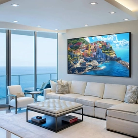 Italy Manarola Cinque Terre Wall Art, Manarola Sea Mediterranean Wall Art, Amalfi Coast Wall Art, Liguria Houses Paintings Wall Decor, Coast landscape Pictures Wall Art (Black Framed, 48"Wx27"H/122x68cm)