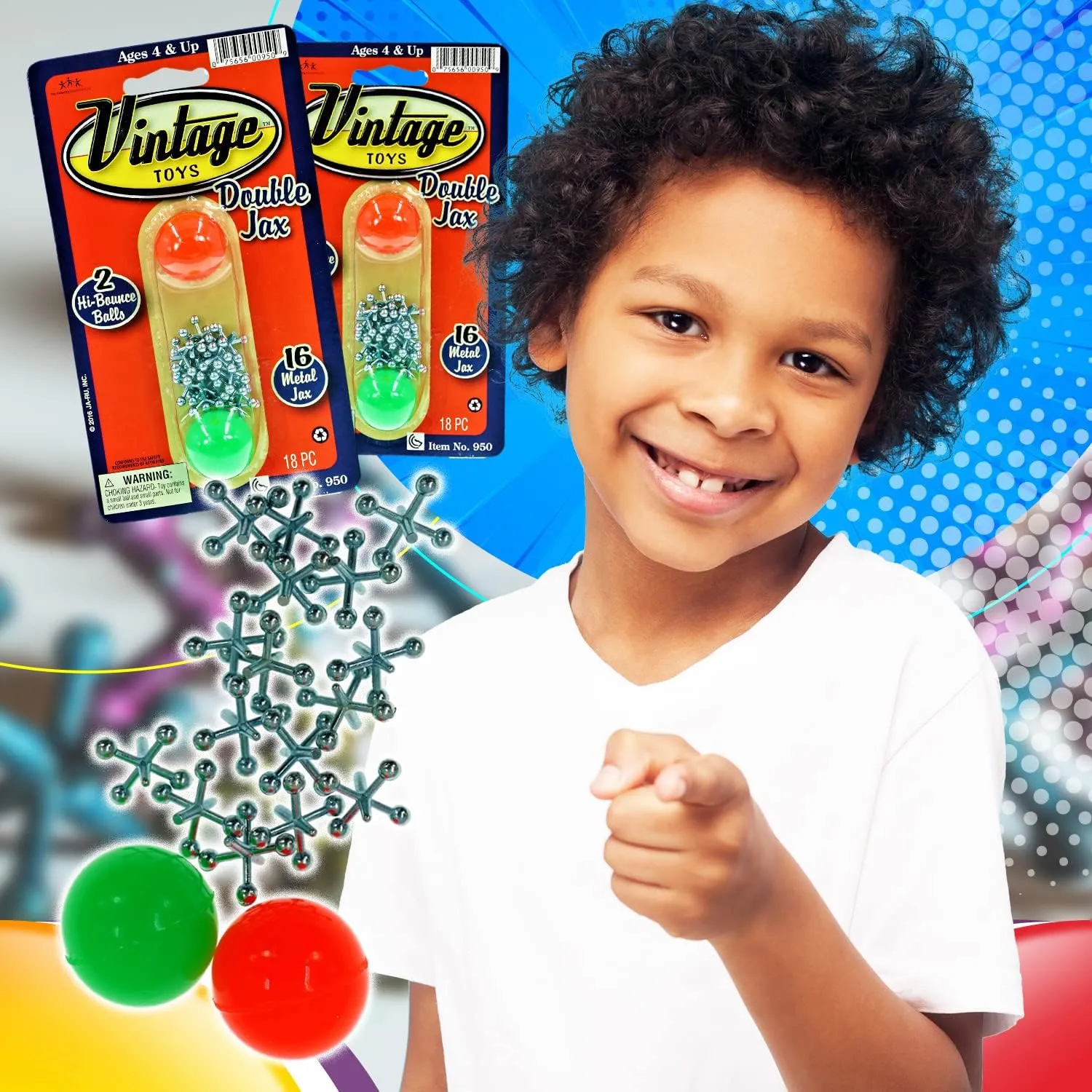 JA-RU Vintage Toys Metal Jacks Set (8 Pack) w/Two Bouncy Balls. Retro Classic Mini Jax Games Family. Bulk Party Favors, Pinata Filler, Birthday Stocking Stuffers. 950-8s
