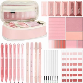 Janlaugh 38 Pcs Aesthetic College School Supplies with Pen Case Sticky Notes Gel Pens Highlighters Correction Tapes Back to School Stationery Kit(Pink Color,Classic)