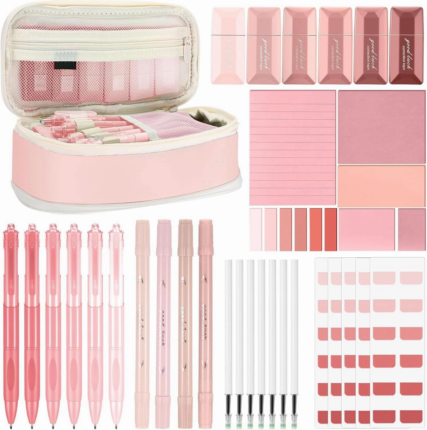 Janlaugh 38 Pcs Aesthetic College School Supplies with Pen Case Sticky Notes Gel Pens Highlighters Correction Tapes Back to School Stationery Kit(Pink Color,Classic)