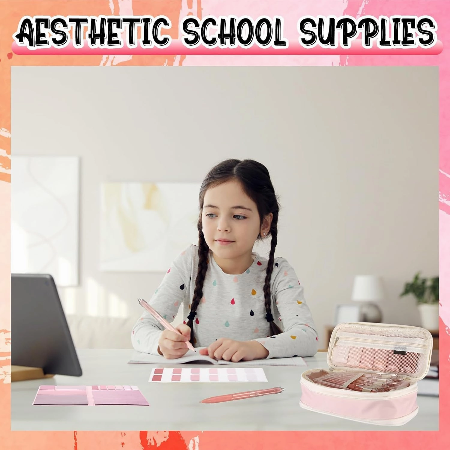 Janlaugh 38 Pcs Aesthetic College School Supplies with Pen Case Sticky Notes Gel Pens Highlighters Correction Tapes Back to School Stationery Kit(Pink Color,Classic)