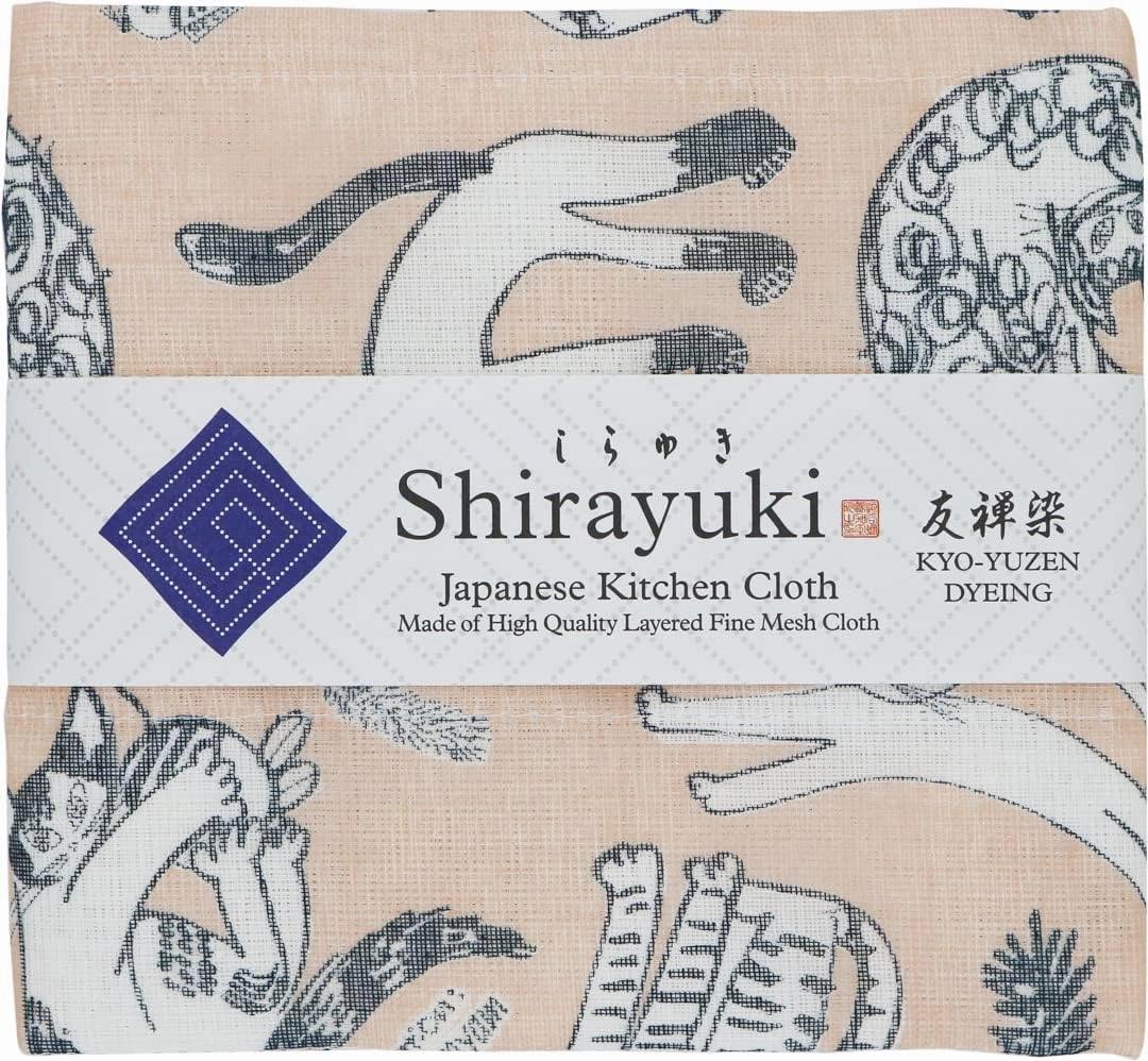 Japanese Kitchen Cloth KYO-YUZEN. Made Layered Fine Mesh Cloth. Dish Wipe, Table Wipe, Hand Wipe. Made in Japan (Beige, Meow Meow)