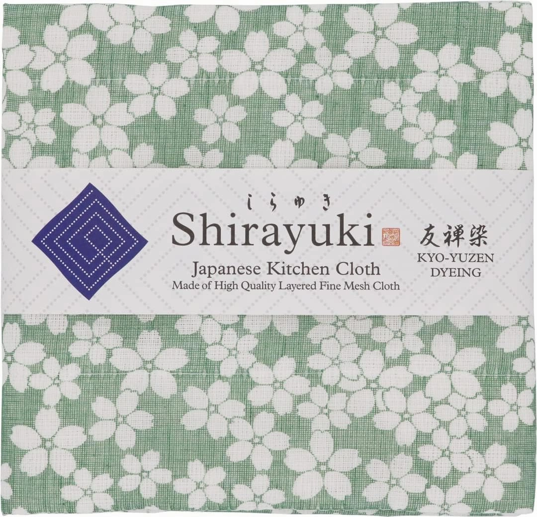 Japanese Kitchen Cloth KYO-YUZEN. Made Layered Fine Mesh Cloth. Dish Wipe, Table Wipe, Hand Wipe. Made in Japan (Green, Cherry Blossoms)