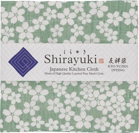 Japanese Kitchen Cloth KYO-YUZEN. Made Layered Fine Mesh Cloth. Dish Wipe, Table Wipe, Hand Wipe. Made in Japan (Green, Cherry Blossoms)