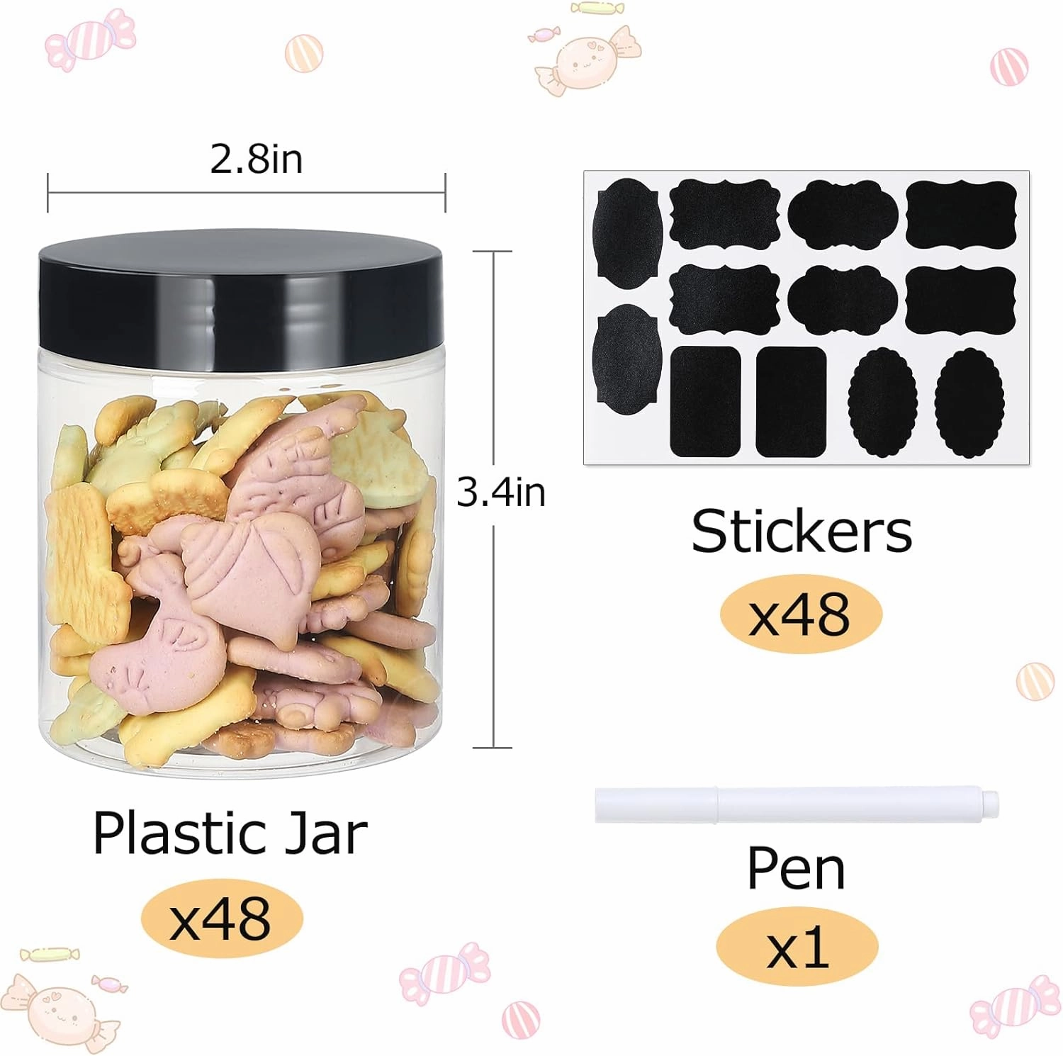 Jars with Lids, 48pcs 8 oz Plastic Containers with Lids Pen Labels Leak Proof BPA Free Airtight Refillable Clear Small Containers Storage Jars for Storing Dry Food Makeup Slime Honey Jam (8oz Black