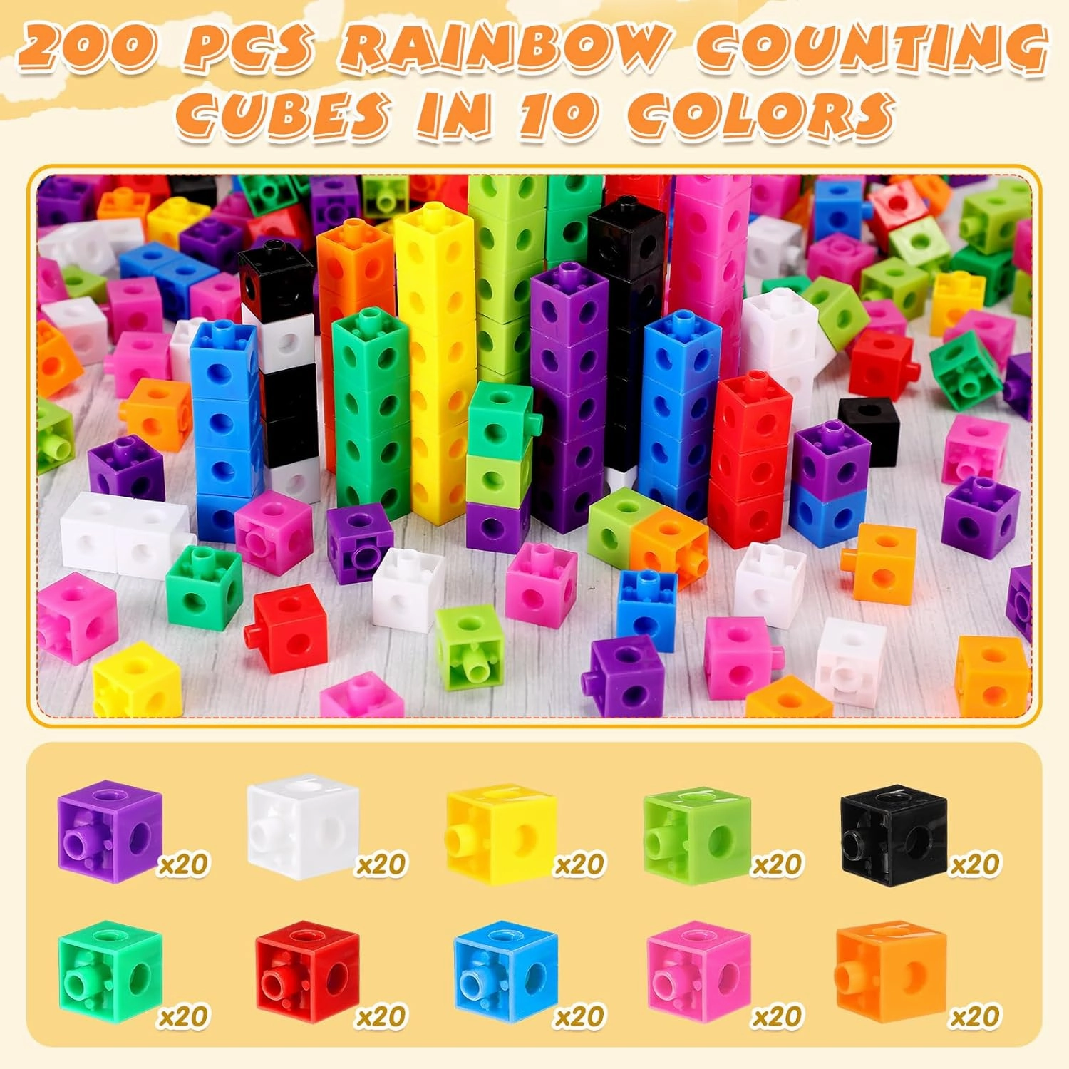 Jenaai 200 Pcs Math Cubes Counting Blocks Linking Connecting Cubes Math Manipulatives with Storage Container Educational Toy for Kids Age 4-8 Kindergarten STEM Activities Preschool(Pink)