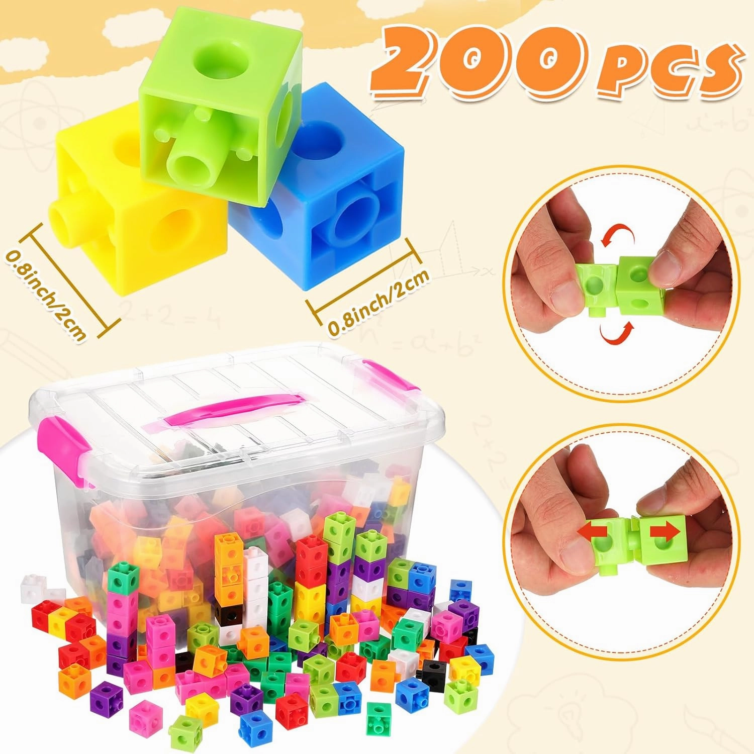 Jenaai 200 Pcs Math Cubes Counting Blocks Linking Connecting Cubes Math Manipulatives with Storage Container Educational Toy for Kids Age 4-8 Kindergarten STEM Activities Preschool(Pink)