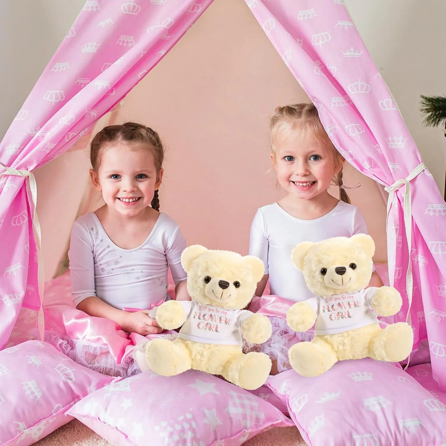 Jexine 2 Pieces Wedding 10 Inch Bear Stuffed Animal Will You Be My Flower Girl Ring Boy Proposal Gifts from Bride Groom with Clothing for Wedding Proposal Anniversary Party(Flower Girl)