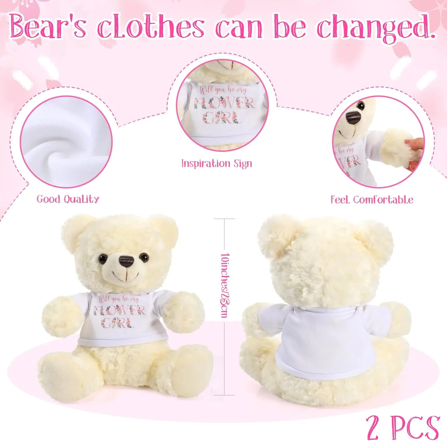 Jexine 2 Pieces Wedding 10 Inch Bear Stuffed Animal Will You Be My Flower Girl Ring Boy Proposal Gifts from Bride Groom with Clothing for Wedding Proposal Anniversary Party(Flower Girl)